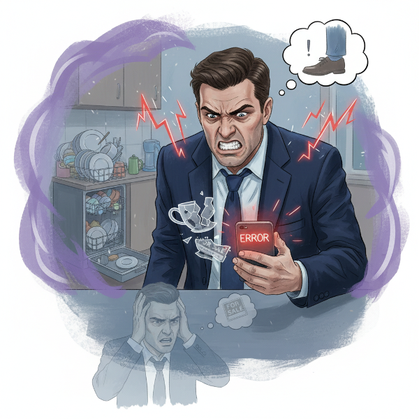 رجل في الثامنة والثلاثين يعاني من نوبات غضب مفاجئة تجاه مواقف يومية صغيرة في العمل والمنزل، يظهر عليه الإرهاق والندم بعد الانفعال.