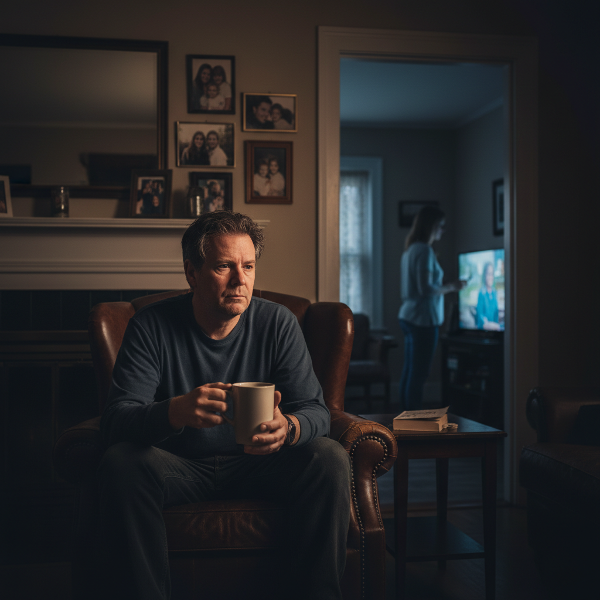 رجل في منتصف العمر يعاني من صمت عاطفي وتباعد في علاقته الزوجية الطويلة، يجلس وحيداً في غرفة معيشة مظلمة بينما زوجته بعيدة عنه، تعكس الصورة أزمة التجمد العاطفي في الزواج.