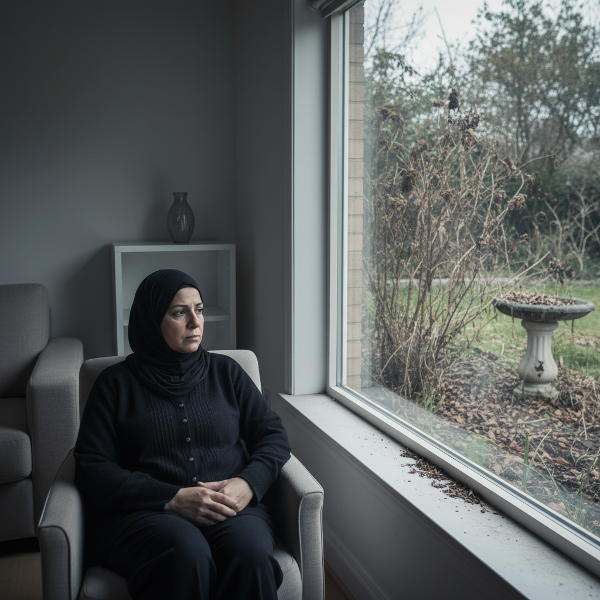 امرأة في منتصف العمر تشعر بالفراغ الداخلي والانفصال بعد رحيل أبنائها، تجلس في غرفة معيشة هادئة وتنظر من النافذة إلى حديقة مهملة.