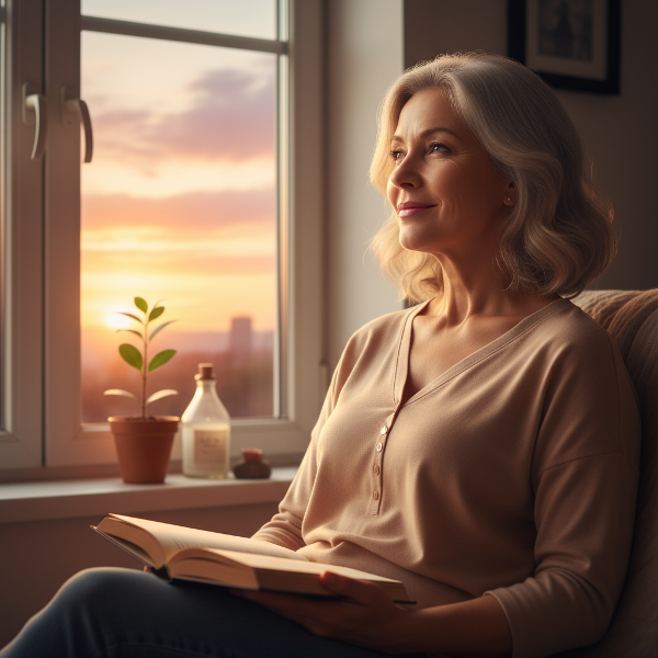 امرأة ناضجة تستعيد ثقتها بنفسها وتتطلع لمستقبل مليء بالأمل والعلاقات الصحية، في جو يرمز للسلام الداخلي والنمو الشخصي.