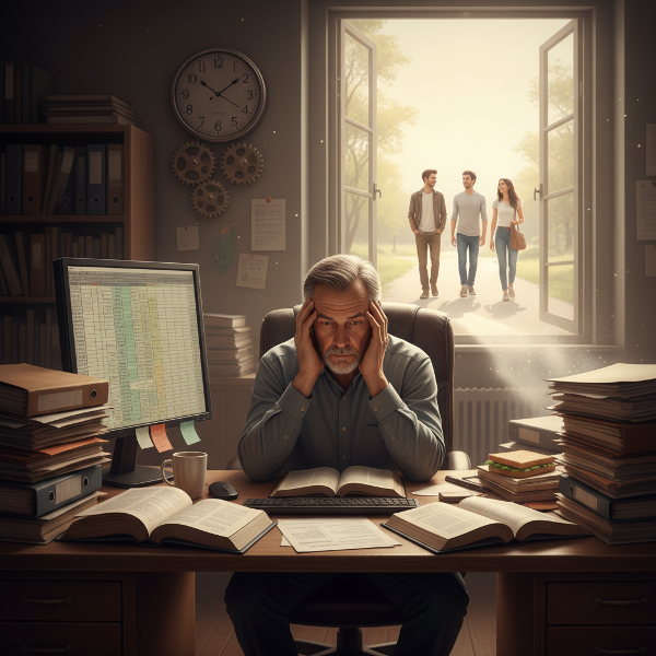 رجل في الخمسين يعاني من الجمود المهني يجلس في مكتبه، مع تعابير تفكر وعلامات إرهاق جسدي، محاطًا برموز الرتابة والتوق إلى التغيير.