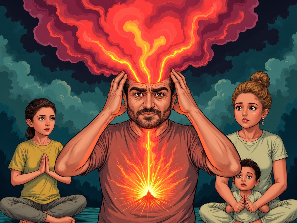 رجل في منتصف العمر يجلس بمظهر حزين بينما ينفجر بركان من الغضب الأحمر من صدره، مع وجود عائلته في الخلفية، في صورة تعبر عن الصراع الداخلي والتغير المفاجئ في الشخصية.