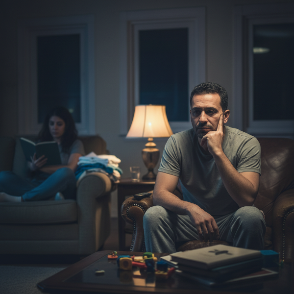 رجل في الأربعينيات يشعر بالوحدة والعزلة العاطفية داخل منزله رغم وجود زوجته، في مشهد يعكس روتين الحياة الزوجية وغياب الحميمية بعد سنوات طويلة من الزواج.