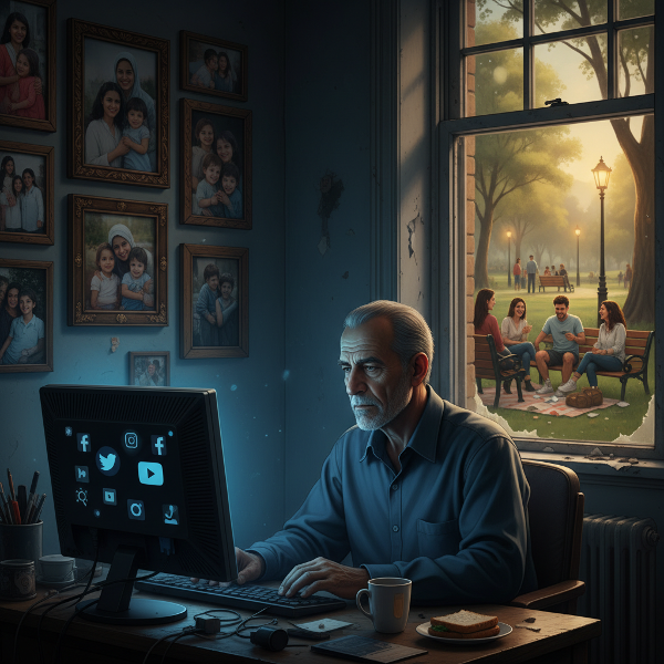 رجل في الخمسين يعاني من العزلة الرقمية، يجلس وحيداً أمام شاشة الحاسوب بينما تظهر فرص للتواصل الحقيقي خارج نافذته.