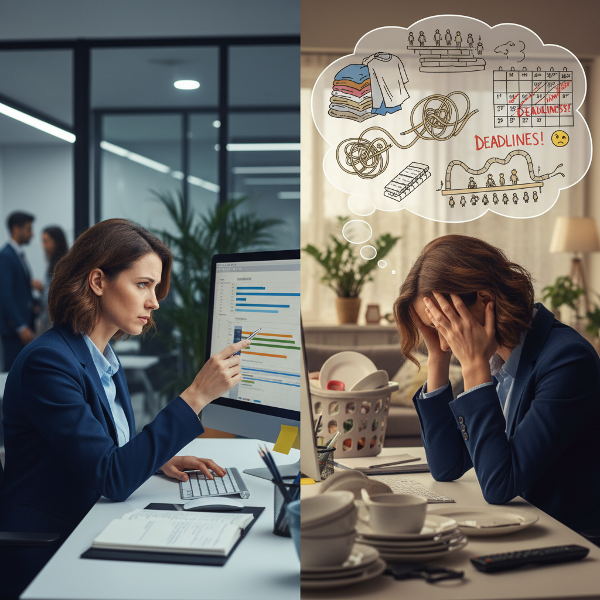 صورة مجازية لامرأة في منتصف العمر تعاني من الإرهاق العاطفي، تظهر تناقضًا بين شخصيتها القيادية الهادئة في العمل واندفاعها العاطفي في المنزل، مع رموز للضغوط المحيطة.