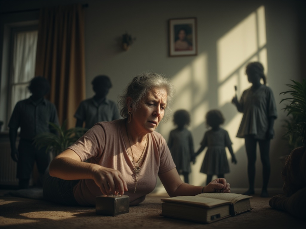 امرأة في الأربعينيات تعاني من نوبة هلع في المنزل، مع تجسيد بصري لمسؤوليات الأمومة وذكرى صادمة من الطفولة، تستخدم تقنيات التأريض.