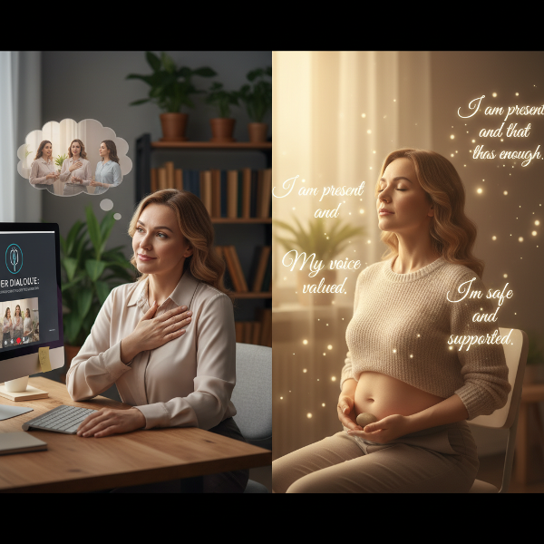 امرأة في الأربعينيات تعمل في استشارات نفسية عبر الإنترنت، تواجه قلقًا اجتماعيًا مع أعراض جسدية، وتمارس تقنيات تنفس واسترخاء في مكتبها.