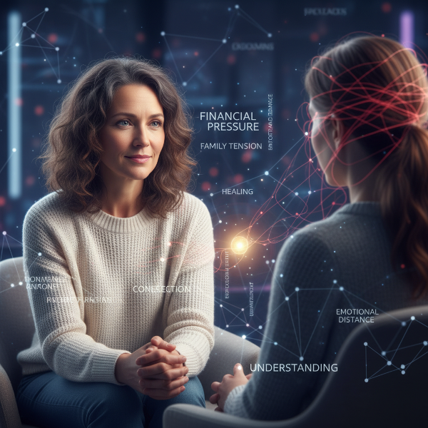 صورة تعبيرية لطبيبة نفسية تقدم استشارة عبر الإنترنت، تظهر التفهم والدفء، مع إشارات بصرية خفية للضغوط والعزلة والرغبة في استعادة الاتصال الحميم.