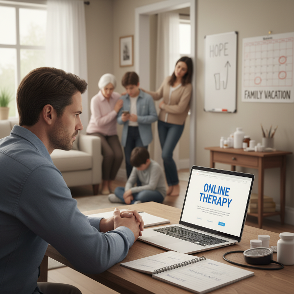 رجل في منتصف العمر يعمل على موقع استشارات نفسية عبر الإنترنت بينما تظهر توترات عائلية في الخلفية تشمل جدة تتدخل في التربية، مراهق يعاني من قلق ليلي، طفل أصغر منعزل، وزوجة مرهقة، مع إشارات إلى مرض الأب المزمن.