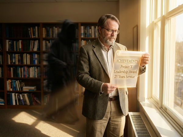 رجل في مكتبه يتأمل إنجازاته بينما يتبدد شك الذات خلفه، في مشهد يرمز لبناء الثقة بالنفس.