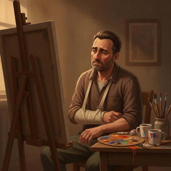 رسم توضيحي واقعي لرسام يجلس في استوديو، يلمس بيده اليسرى لوحة فنية، بينما يده اليمنى مضمدة، يعبر عن الحيرة بين مواصلة الفن أو تغيير المهنة.