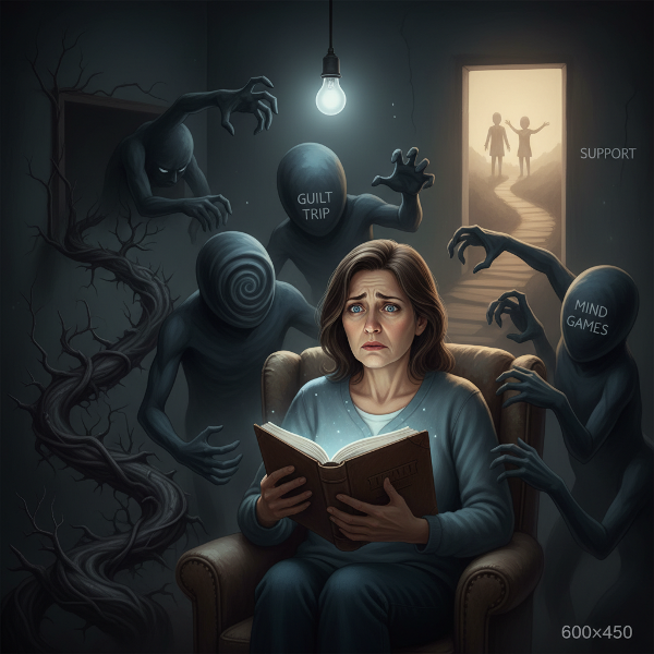 امرأة في الخمسين تشعر بالقلق والارتباك بسبب التلاعب النفسي في علاقتها، مع عناصر رمزية للألعاب العقلية والذنب، وهي تسعى لحماية صحتها النفسية واتخاذ قرار.