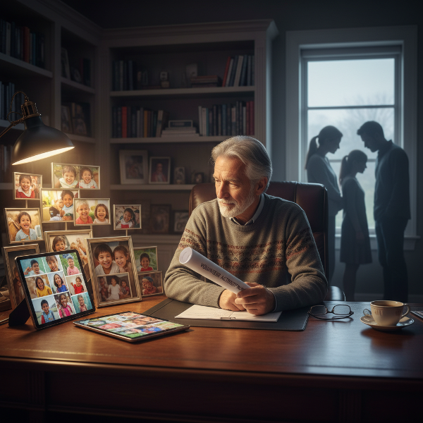 رجل متقاعد في الستينيات من عمره يجلس في مكتبه المنزلي، يتأمل صور عائلته بينما يحمل أوراقًا لأنشطة تطوعية، مع ظهور مشاهد متضاربة تعكس صراعه بين شغفه بمساعدة الأيتام والحفاظ على علاقاته الأسرية.