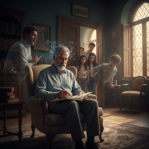 رجل في الخمسينيات يجلس في غرفة بينما تظهر ذكريات طفولة مؤلمة كظلال خفيفة، مع وجود عائلته في الخلفية، مما يوضح الصراع بين الماضي والحاضر والصعوبة في ممارسة الامتنان.