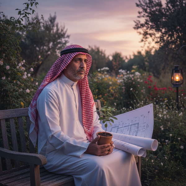 رجل في الخمسينيات يجلس في حديقة عند الغسق، يحمل نبتة صغيرة وينظر إلى مخططات هندسية قديمة، يعبر المشهد عن مرحلة انتقالية و البحث عن الهوية بعد التقاعد.