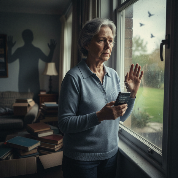 امرأة في منتصف العمر تشعر بالحصار والقلق داخل منزلها بسبب مراقبة زوجها المستمرة لها، تعبر النافذة عن حريتها المفقودة.