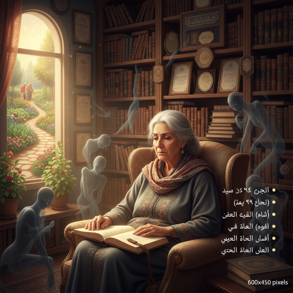 امرأة متقاعدة تجلس بين مذكراتها التعليمية، تحيط بها رموز الشك الذاتي وإنجازاتها الماضية، مع إطلالة على مستقبل جديد.