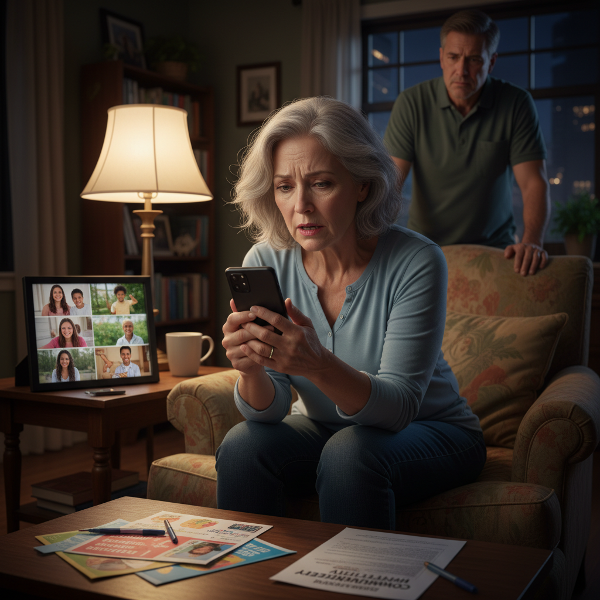 امرأة متقاعدة تعاني من قلق مرضي حول أبنائها البالغين، تجلس في منزلها ليلاً تتفقد هاتفها بقلق بينما تبدو عليها أعراض جسدية للتوتر.