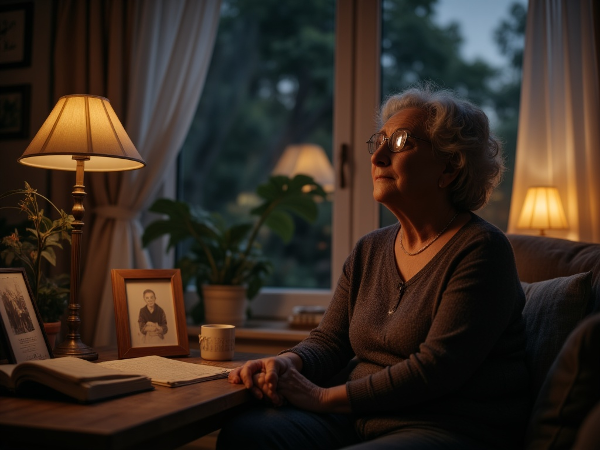 امرأة في الخمسينيات تجلس وحيدة في غرفة معيشة هادئة عند الغسق، تطل من النافذة بتفكير عميق، مع إشارات إلى التقاعد وابتعاد الأبناء، في جو يخلط بين الحزن والأمل.