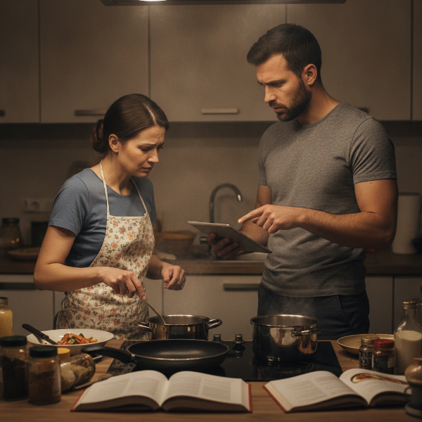 امرأة تقف في المطبخ تنظر إلى زوجها الذي يمسك بقائمة الطعام بيده، تعابير وجهها حزينة ومتوترة