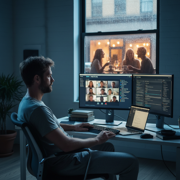 رجل في الأربعينيات يعمل عن بُعد محاطًا بشاشات رقمية، ينظر بحنين إلى تفاعلات بشرية حقيقية خارج نافذته، يصور صراع العزلة الرقمية والرغبة في التواصل الحقيقي.