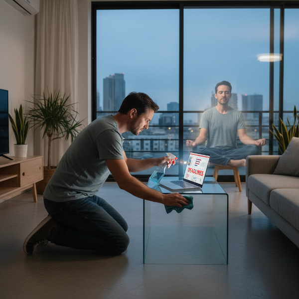 رجل يعاني من هوس التنظيف يجلس في شقته الحديثة، منقسم بين ضغوط العمل على حاسوبه والحاجة الملحة للترتيب، بينما يظهر انعكاسه هادئًا يتأمل، يمثل الصراع الداخلي والبحث عن التوازن.