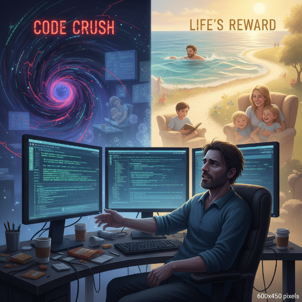 صورة رمزية تصور صراع مهندس برمجيات مع إدمان العمل، حيث يظهر منهكًا أمام شاشات الكمبيوتر بينما تبتعد عنه صور عائلته، مع وجود مسارين: أحدهما مظلم للعمل والآخر مضيء للحياة المتوازنة.