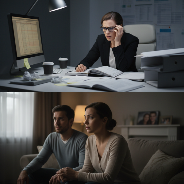 صورة توضح امرأة تعاني من التوازن بين ضغوط العمل الجديدة وفقدان الرغبة الجنسية في زواجها، مع مشاعر الذنب والإحباط.