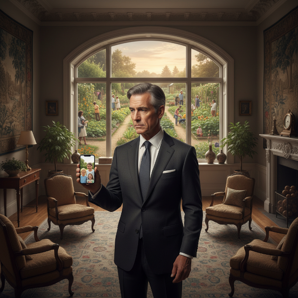 رجل ناجح في منتصف العمر يشعر بالوحدة والفراغ في منزله الفاخر الفارغ، يتأمل اتصالاً رقمياً مع أحفاده بينما يرى فرصاً للتواصل الحقيقي خارج نافذته.