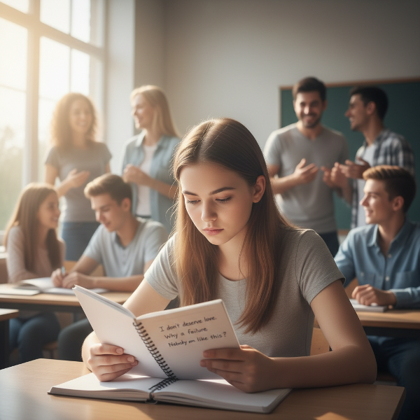مراهقة تجلس في فصل دراسي تشعر بالعزلة وعدم الاستحقاق بينما ينجح زملاؤها، مع تلميحات لضغوط أسرية وأمل في التغيير.