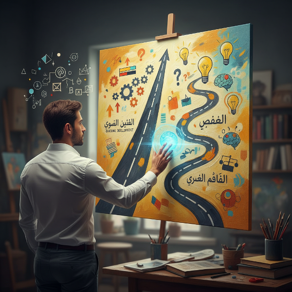 صورة تجريدية تظهر مسارين للتفكير: التكيفي مع تحسينات تدريجية، والثوري بأفكار مبتكرة، مع رموز للإبداع وحل المشكلات.