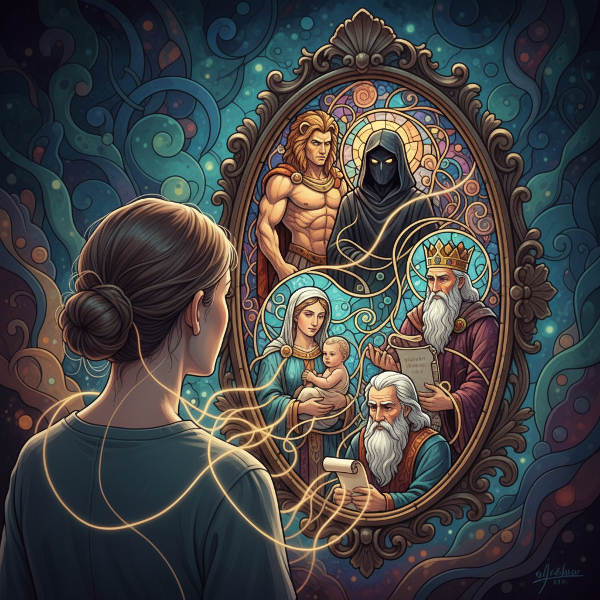 صورة رمزية تجسد استكشاف النماذج الأصلية (الأرشيتايب) في علم النفس، تظهر شخصًا يتأمل انعكاسات رموز أسطورية في مرآة داخل عالم اللاوعي السريالي.