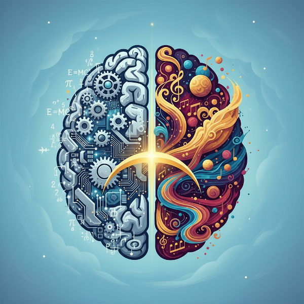 تصوير رمزي للتوازن بين التفكير التحليلي المنطقي والتفكير الحدسي الإبداعي، يمثله نصف دماغ تحليلي وآخر فني.