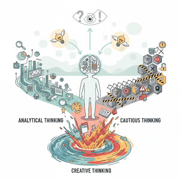 صورة رمزية لشخص يقف عند مفترق ثلاث طرق تمثل أنماط التفكير: تحليلي، مبدع، وحذر. يظهر الدماغ شفافًا بالداخل مع تروس وفوانيس ودروع.