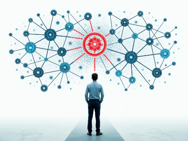 صورة تجريدية تمثل العقل البشري كشبكة معقدة من التروس والمسارات المتشابكة، مع إبراز بعض التحيزات المعرفية بالأحمر والتفكير التحليلي بالأزرق، على خلفية حديثة ونظيفة.