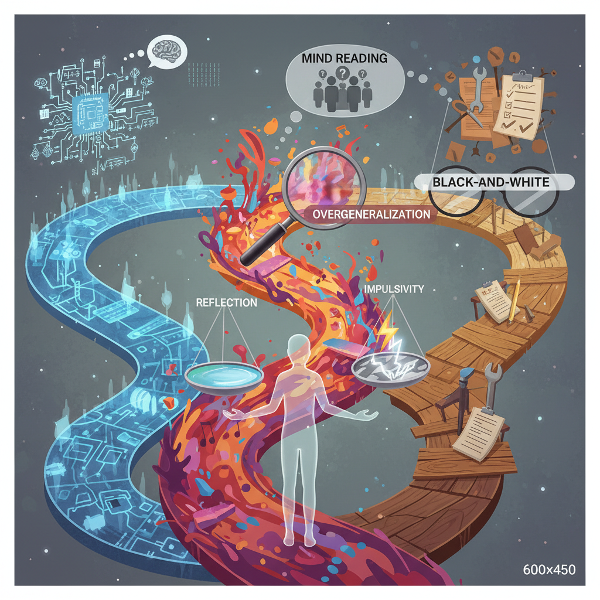 شخص يقف عند مفترق طرق للتفكير يوضح الأنماط التحليلية والإبداعية والعملية، مع تحيزات معرفية عائمة تؤثر على الخيارات، وميزان بين التأمل والاندفاع.