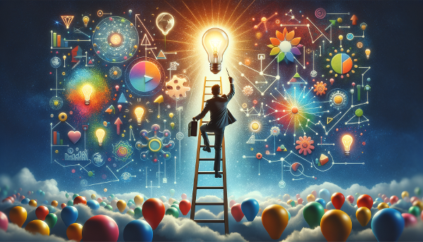 صورة رمزية تمثل رحلة الإبداع: شخص يتسلق سلم الأفكار نحو الإلهام، محاطًا برموز الابتكار في فضاء من الإمكانيات.