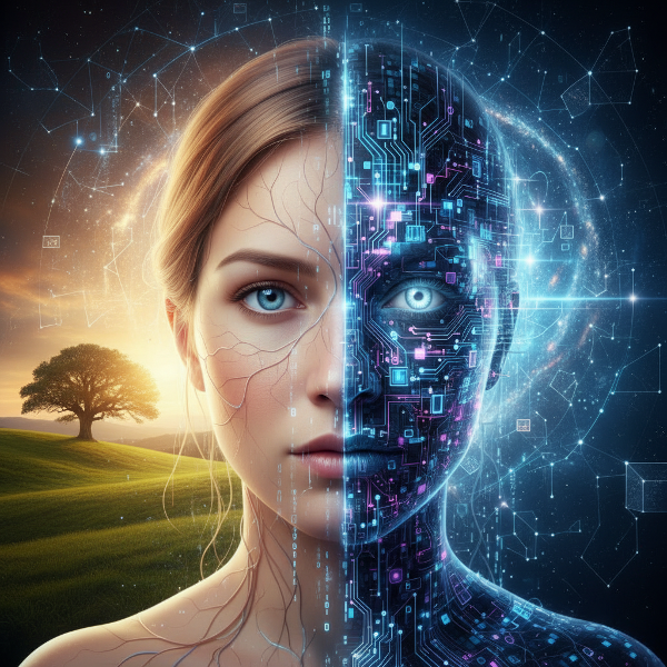 وجه إنسان يندمج مع عناصر رقمية متوهجة في خلفية تجمع بين الطبيعة والعالم الافتراضي، يرمز للعلاقة النفسية بين الهوية البشرية والتكنولوجيا.