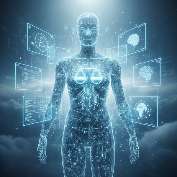 تصوير فني لشخصية رقمية محاطة بشاشات تعكس الهوية الافتراضية والعلاقة مع التكنولوجيا