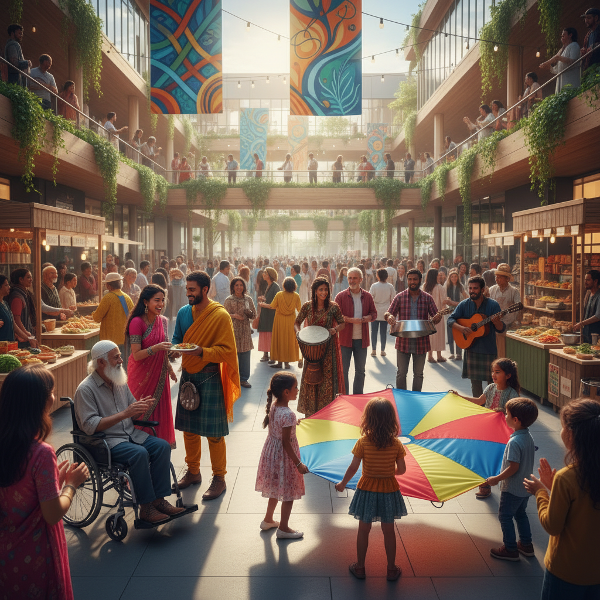 مجموعة متنوعة من الأشخاص من خلفيات ثقافية مختلفة يتفاعلون بإيجابية في بيئة مجتمعية حديثة وشاملة، تعبر عن الانفتاح والاحتفاء بالاختلاف.