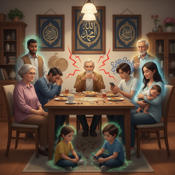 عائلة متنوعة تجتمع حول طاولة مع تصوير التوتر والهدوء بين أفرادها، مع وجود عناصر نصية عربية في الخلفية.