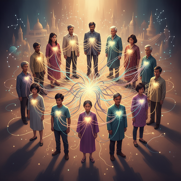 مجموعة متنوعة من الأشخاص متصلين بخيوط مضيئة تمثل النسيج الاجتماعي المعقد، يرمز إلى التنوع والعلاقات والتحيزات.