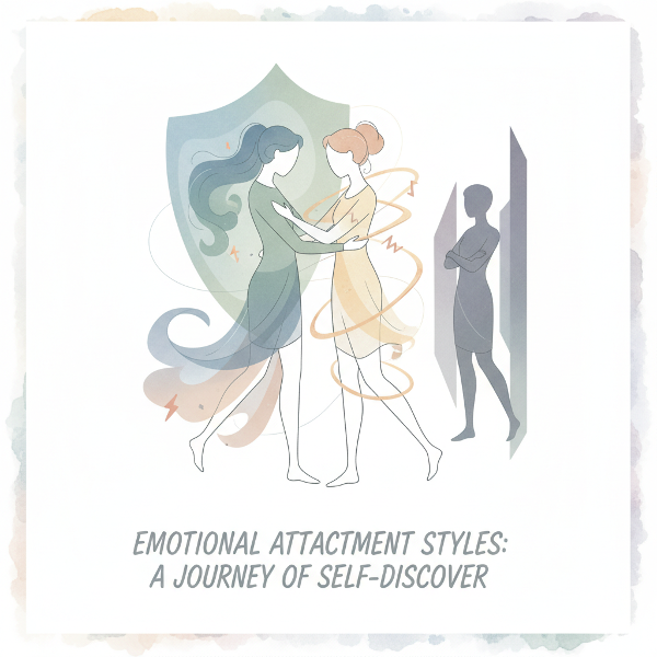 صورة رمزية لاختبار أنماط التعلق العاطفي تظهر تفاعلاً بشرياً مع عناصر تجريدية تمثل الأنماط المختلفة