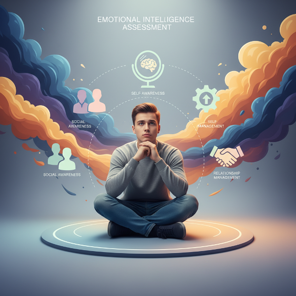 صورة توضيحية حديثة لاختبار الذكاء العاطفي تظهر شخصًا مفكرًا محاطًا بتجسيدات بصرية للمشاعر مع رموز للمكونات الأربعة الرئيسية للذكاء العاطفي.