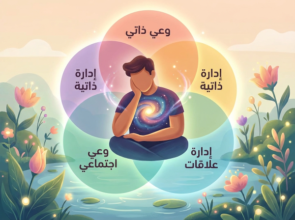 صورة رمزية تجسد مكونات الذكاء العاطفي الأربعة في مشهد تأملي هادئ