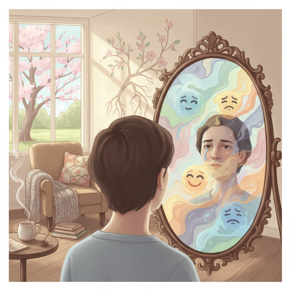 شخص يتأمل في مرآة تعكس مشاعر وألوان ترمز للذكاء العاطفي والوعي الذاتي