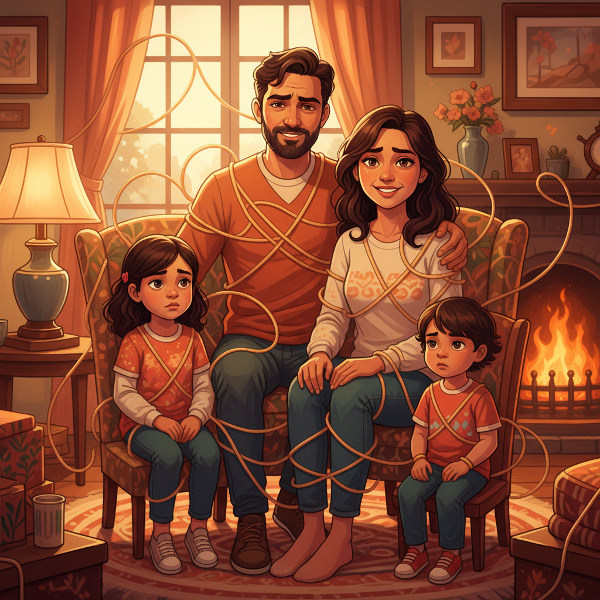 عائلة متنوعة في منزل دافئ مع تعابير وجه تعكس التحديات العائلية وعلاقات معقدة متشابكة