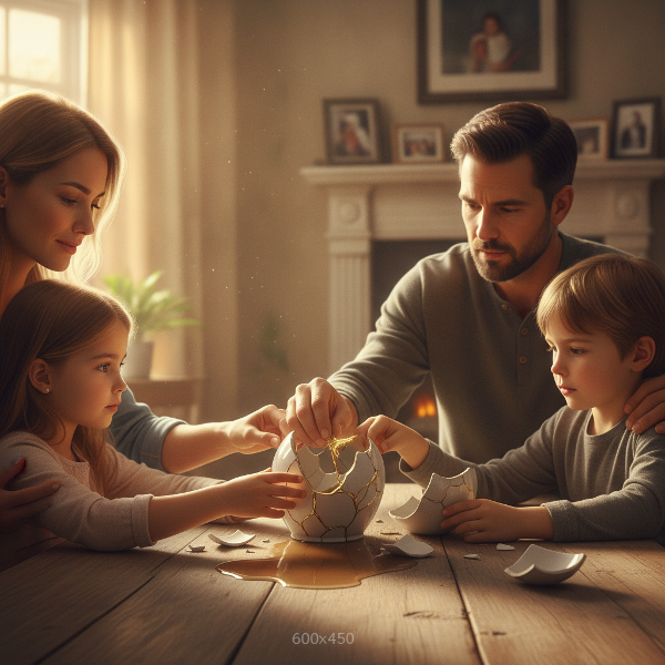 عائلة تتكاتف لإصلاح مزهرية مكسورة ترمز لأزمة عائلية مع إضاءة دافئة تعبر عن التفاهم والتعاون.