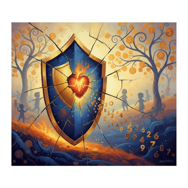 مرآة مكسورة تعكس رموز المال والعواطف والطفولة، تمثل العلاقة المعقدة بين الشخصية والثروة في اختبار البصمة المالية.