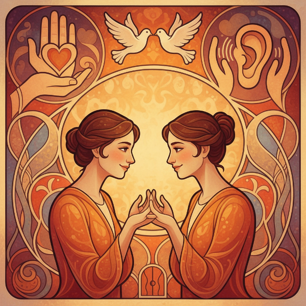 صورة رمزية تعبر عن التواصل الصحي في العلاقات من خلال شخصين وأشكال مجردة تمثل الثقة والاستماع والحدود.